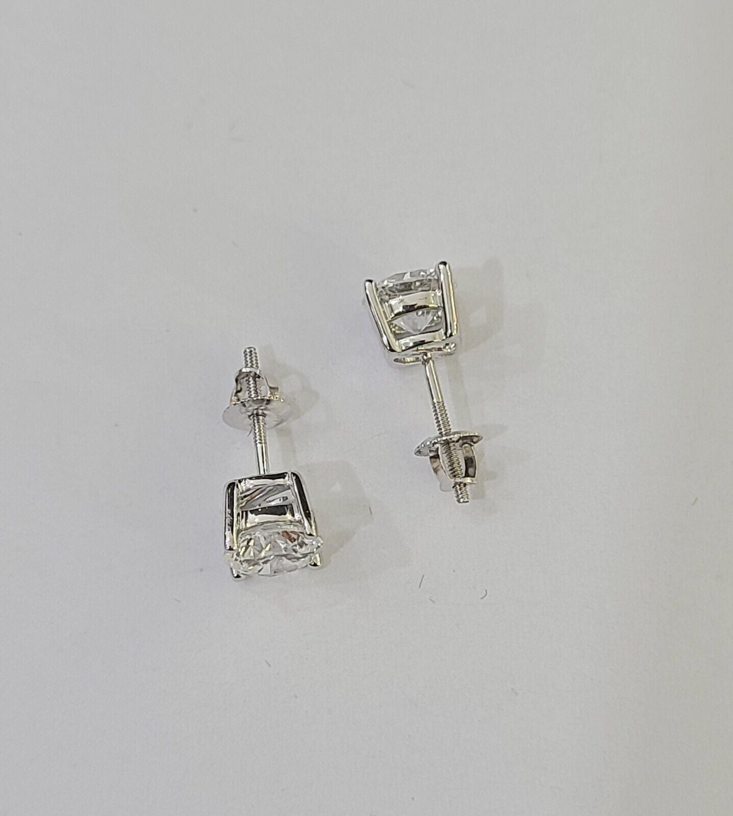 14k White gold Round Earrings Diamond screw - back Lab Created Women Men Studs - GoldenlinQ